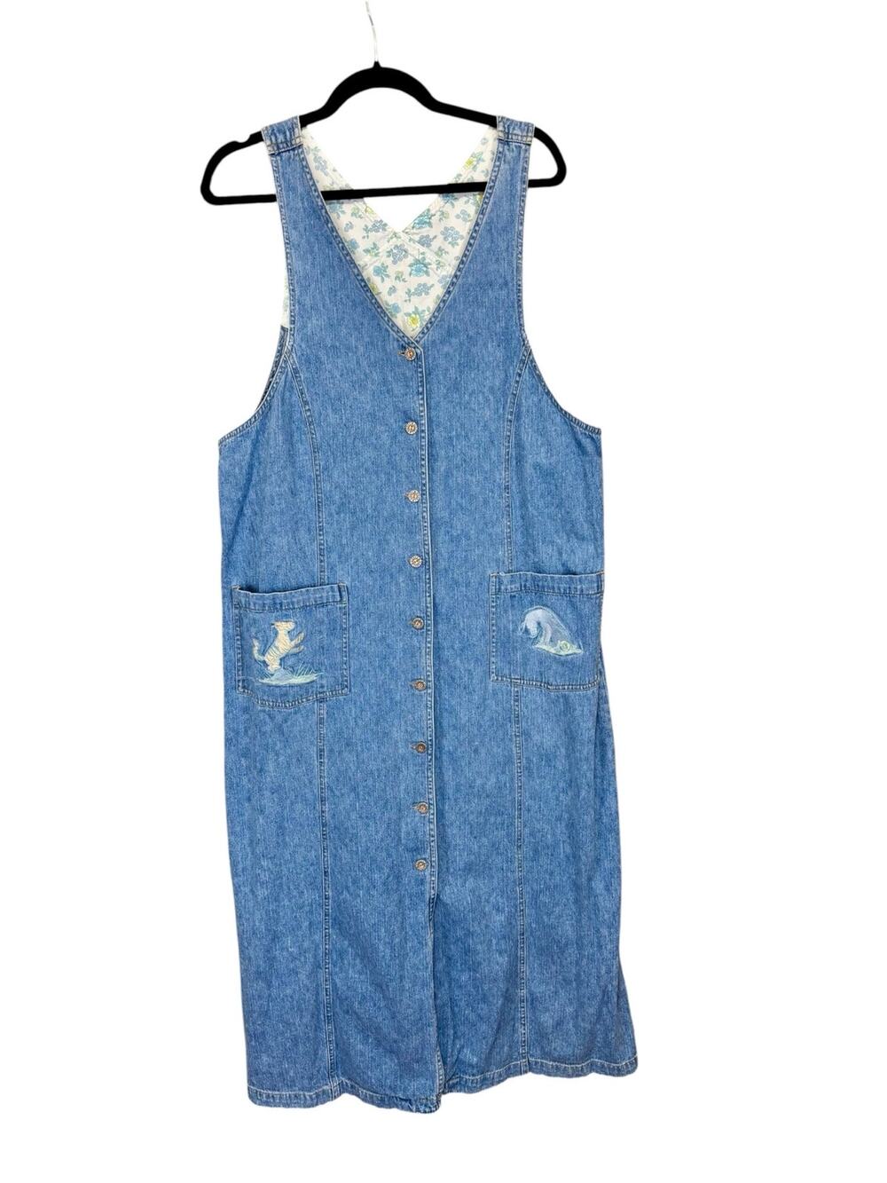 Vintage 90s The Disney Store Denim Midi Dress Eeyore Tigger Embroidered Pockets